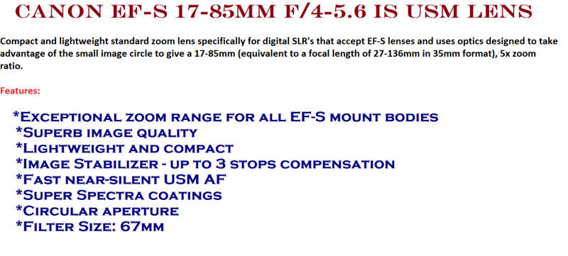 Canon EF-S 17-85mm f/4-5.6 IS USM Lens IN EXCELLENT CONDITION