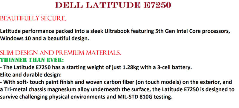 DELL LATITUDE E7250 , CORE I7-5600U @2.60GHz ,8GB RAM ,256GB SSD ,INTEL HD GRAPHICS 5500, 3G WWAN