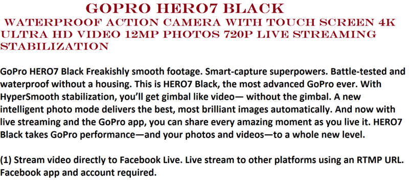 GoPro Hero7 Black  Waterproof Action Camera with Touch Screen 4K Ultra HD Video 12MP Photos 720p