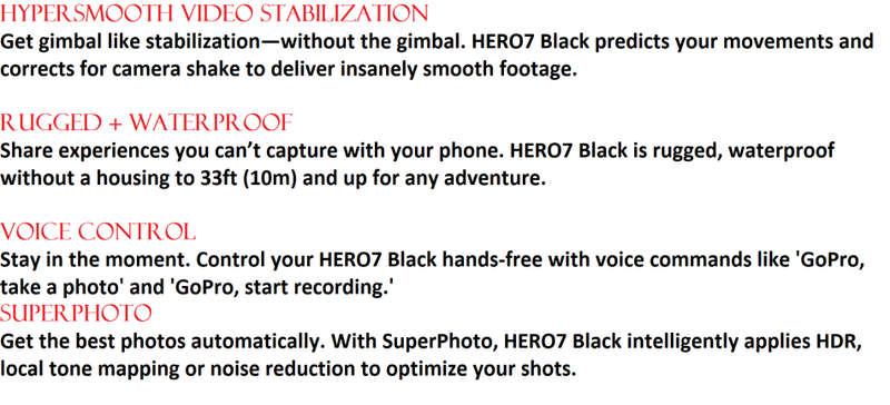 GoPro Hero7 Black  Waterproof Action Camera with Touch Screen 4K Ultra HD Video 12MP Photos 720p