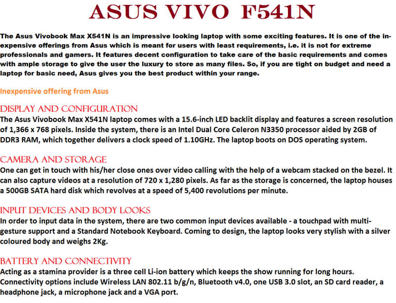 ASUS F541N , CELERON DUAL CORE , 4GB RAM , 500GB HDD , WEBCAM , VERY GOOD CONDITION