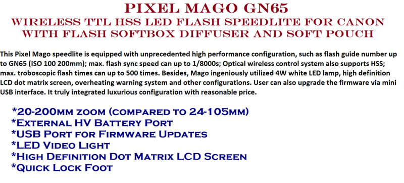 Pixel Mago GN65 Wireless TTL HSS LED Flash Speedlite for Canon, Flash Softbox Diffuser NEW CONDITION