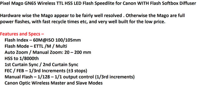 Pixel Mago GN65 Wireless TTL HSS LED Flash Speedlite for Canon, Flash Softbox Diffuser NEW CONDITION