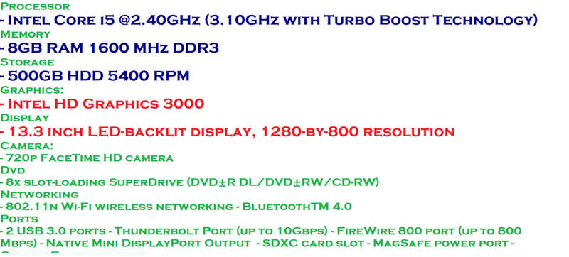 MACBOOK PRO 13 CORE I5 @2.40GHz,8GB RAM ,500GB HDD,INTEL HD GRAPHICS 3000, VERY GOOD CONDITION