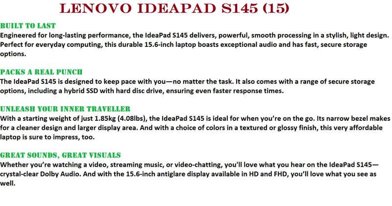 Lenovo IdeaPad S145 15.6 Laptop  Celeron, 4GB RAM, 500GB HDD, Win 10 EXCELLENT CONDITION