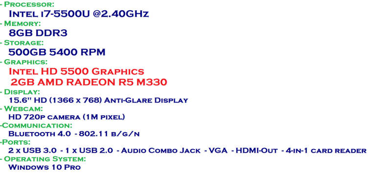 LENOVO E5080 ,INTEL CORE I7-5500U @2.40GHz,8GB RAM,500GB HDD,2GB AMD RADEON R5 M330