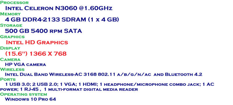 HP 250 G5 Intel Celeron N3060 @1.60GHz 4GB RAM ,500GB HDD , INTEL HD GRAPHICS 15.6"