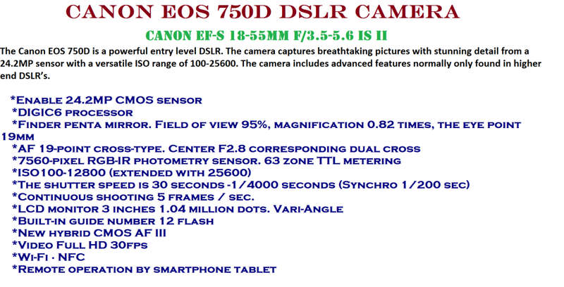 Canon EOS 750D 24MP DSLR Camera WITH 18-55MM IS II , VOYAGER BAG, BOOKLET AND 16GB SD CARD