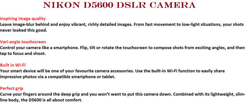 Nikon D5600 24MP DSLR CAMERA, FULL HD VIDEOS, WIFI , NIKON 18-55mm  VR Lens, CAMERA BAG, LOW SHUTTER