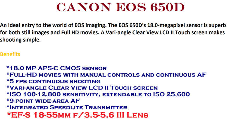 CANON EOS 650D, 18MP DSLR WITH FULL HD MOVIES, 18-55MM IS II ZOOM LENS