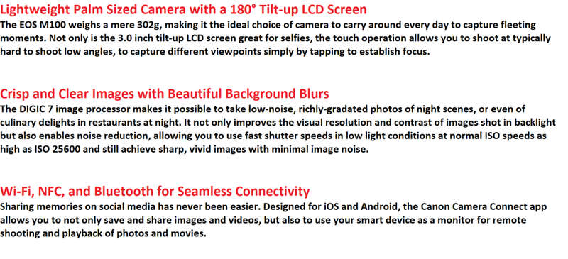 Canon EOS M100 Mirrorless Camera w/ 15-45mm Lens - Wi-Fi, Bluetooth, and NFC enabled
