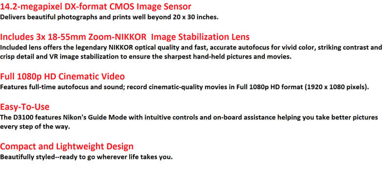 Nikon D3100 DSLR Camera with 18-55mm f/3.5-5.6 Auto Focus-S Nikkor Zoom Lens