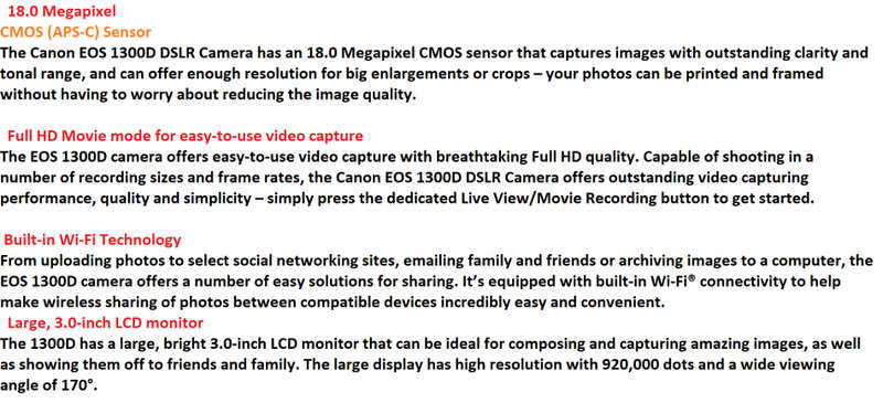 Canon EOS 1300D 18MP DSLR Camera FULL HD MOVIES with WIFI ,18-55MM III LENS , WITH CHARGER