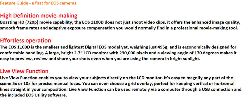 CANON EOS 1100D,12MP DSLR CAMERA WITH HD MOVIES, COMING WITH 18-55MM ZOOM LENS AND BAG