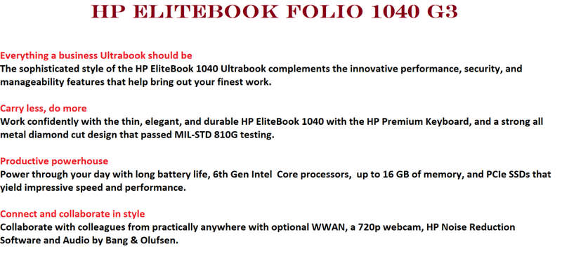 HP EliteBook Folio 1040 G3, Core i7-6600U @2.60GHz,8GB RAM ,128GB SSD, 14" FULL HD