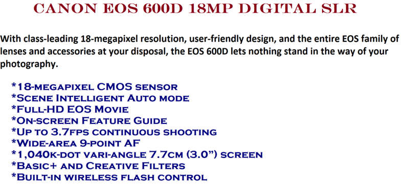 Canon EOS 600D 18MP Digital SLR Camera, FULL HD MOVIES , 18-55mm IS II Lens, CHARGER , SHOULDER BAG