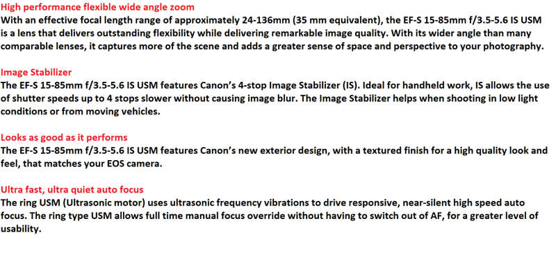 Canon EF-S 15-85mm f/3.5-5.6 IS USM Lens IN EXCELLENT CONDITON WITH BOTH LENS CAPS AND LENS HOOD