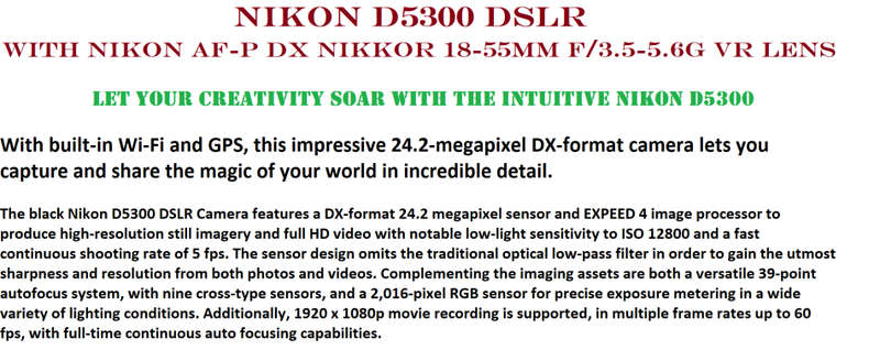 Nikon D5300 24MP DSLR with Nikon 18-55mm f/3.5-5.6G VR Lens , 4000 PICTURES S ON THE CLOCK ONLY