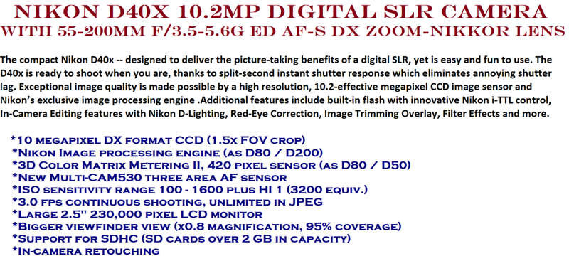 Nikon D40x 10.2MP Digital SLR Camera with 55-200mm f/3.5-5.6G ED AF-S DX Zoom-Nikkor Lens