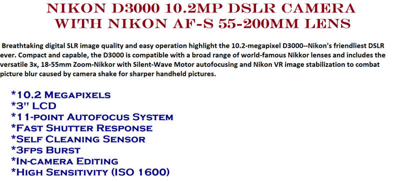 Nikon D3000 10.2MP Digital SLR Camera with 55-200mm f/1:4-5.6G AF-S DX  Nikkor Zoom Lens