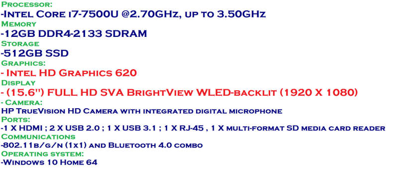 HP Envy 15 7th Gen Core i7-7500U @2.70GHz,  8GB RAM, 256GB SSD, Full HD