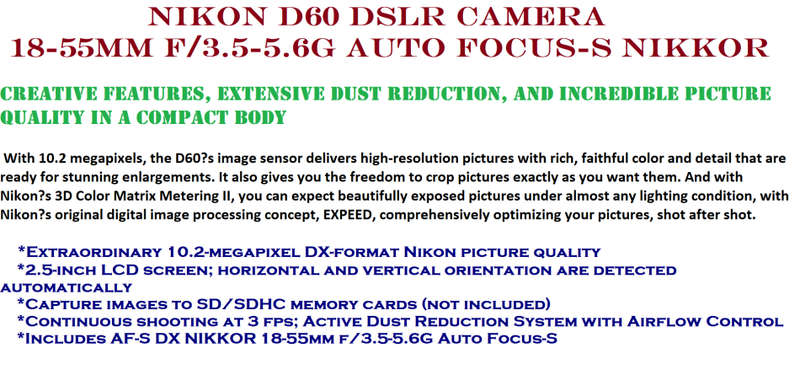 Nikon D60 DSLR Camera with 18-55mm f/3.5-5.6G Auto Focus-S Nikkor  Zoom Lens VERY GOOD CONDITION