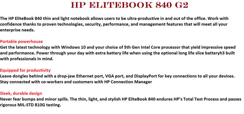 HP Elitebook 840 G2 Intel Core i5-5300U @2.30GHz, 8GB DDR4 RAM, 256GB SSD, 14` Display, Win10 Pro