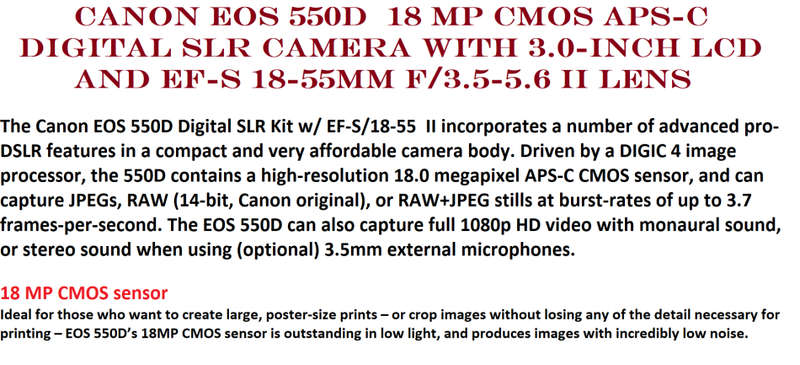 Canon EOS 550D 18 MP Digital SLR ,FULL HD MOVIES,  18-55mm II ZOOM Lens, BATTERY AND CHARGER