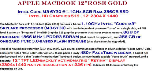 Macbook 12` Intel Core M3-6Y30 @1.1GHz,8GB Ram,256GB SSD Intel HD Graphics 515 12` 2304 X 1440