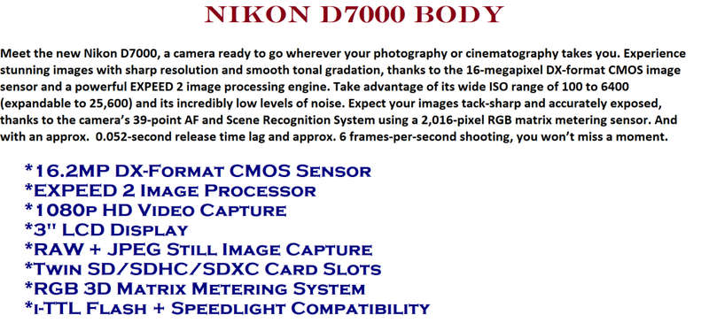 NIKON D7000, 16MP DSRL ( BODY ONLY IN EXCELLENT CONDITION )LOW SHUTTER COUNT OF 25000