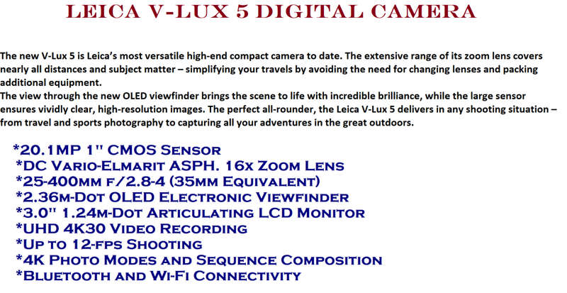 Leica V-Lux 5 20MP Superzoom Digital Camera with 9.1-146mm f/2.8-4 ASPH Lens (Black)