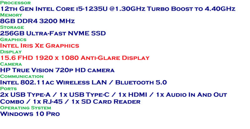 HP 250 G9 15.6` 12th Gen Intel Core i5-1235U, 8GB RAM ,256GB SSD, Full HD  Win 10 Pro DEMO CONDITION