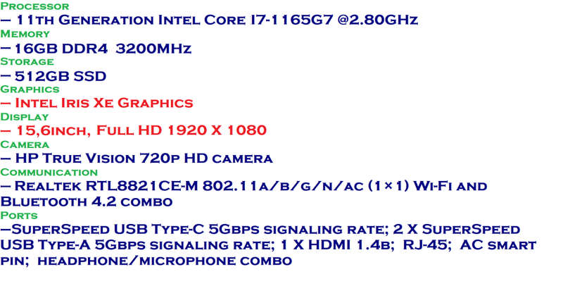 HP 15 Laptop, 11th Gen  Core i7-1165G7 @2.80GHz, 16GB RAM, 512GB SSD , 15.6 Full HD, DEMO CONDITION
