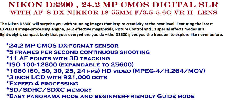 Nikon D3300 , 24.2 MP DSLR with AF-S DX NIKKOR 18-55mm f/3.5-5.6G VR II Zoom Lens, VERY LOW SHUTTER