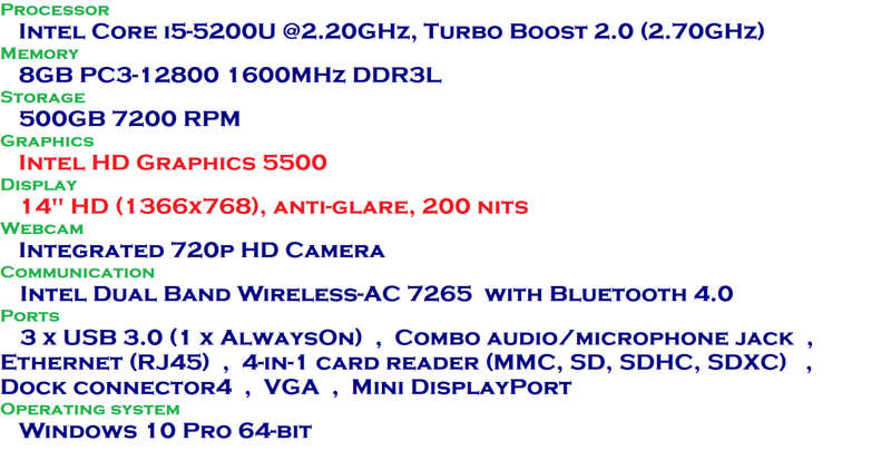 Lenovo ThinkPad T450 Laptop , Core i5-5300U 2.30GHz, 8GB Ram, 500GB , Windows 10 Pro 64bit