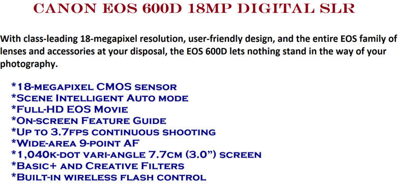 Canon EOS 600D 18MP Digital SLR Camera, FHD MOVIES , 18-55mm III Lens, CHARGER , Very Good Condition
