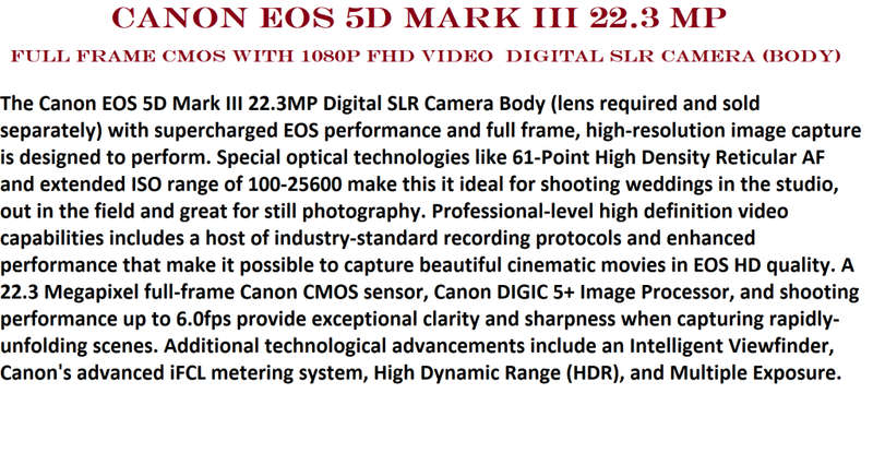 Canon EOS 5D Mark III 22.3 MP Full Frame CMOS with 1080p Full-HD Video Mode Digital SLR Camera (Body