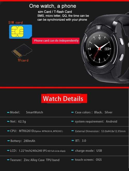 V8 Bluetooth Camera Smart Wrist Watch with sim slot