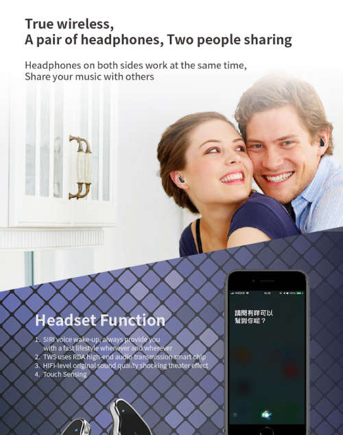 2 in 1 T89 TWS Smart Bracelet Tracker and Smart Watch in one with Binaural Earphone - Black