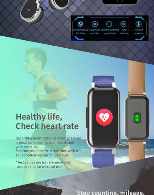 2 in 1 T89 TWS Smart Bracelet Tracker and Smart Watch in one with Binaural Earphone - Black