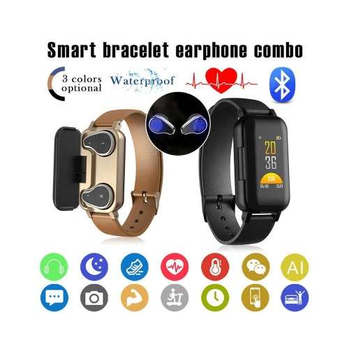 2 in 1 T89 TWS Smart Bracelet Tracker and Smart Watch in one with Binaural Earphone - Black