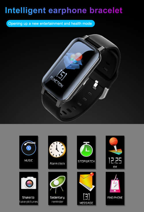 2 in 1 T89 TWS Smart Bracelet Tracker and Smart Watch in one with Binaural Earphone - Black
