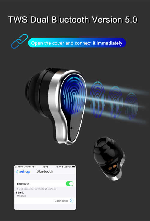 2 in 1 T89 TWS Smart Bracelet Tracker and Smart Watch in one with Binaural Earphone - Black
