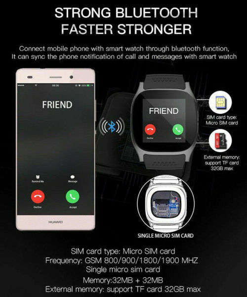 T8 Bluetooth Smart Watch Phone Mate SIM Card Pedometer