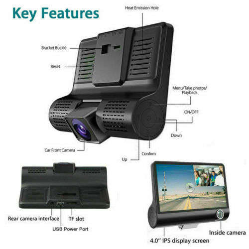 4'' inch HD 1080P 3 Lens Car DVR Dash Cam Vehicle Video Recorder Rearview Camera 170 Degree