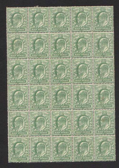 GB KEVII 1902 1/2D Green Superb MNH Block of 30 CV R700+