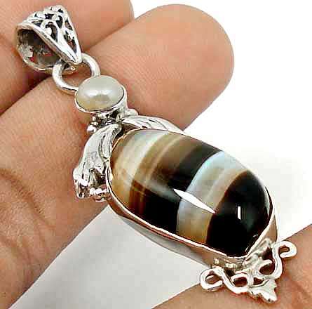 STUNNING! TOFFEE BOTSWANA AGATE AND PEARL STERLING SILVER PENDANT!
