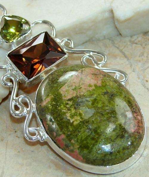STUNNING RUSSIAN UNAKITE, HONEY QUARTZ, PERIDOT Sterling Silver pendant!