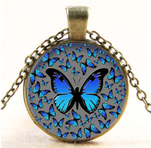 Vintage Blue Butterflies Photo Cabochon Glass Bronze Pendant Necklace