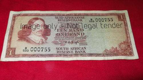 One Rand South African Bank Note Signed T W de Jongh